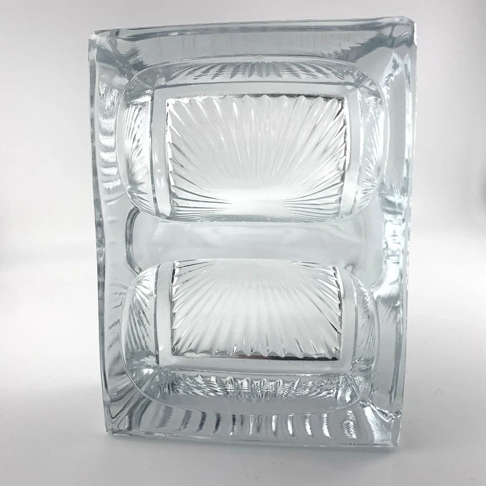 Antique Double Open Salt Cellar Starburst Pattern Heavy Pressed Glass Vintage‎